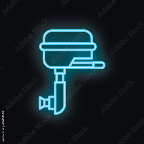 Blue glowing neon icon of a boat motor, ideal for marine businesses