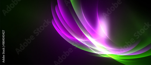 Abstract floral design. Vivid purple, green hues blend. Bright light radiates from center, creating dynamic flow. Dark background emphasizes shapes.