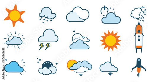 Set of weather icons representing various meteorological conditions, including sunshine, rain, clouds, and lightning