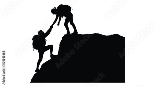 Climbers helping each other silhouette isolated on white background, Vector
