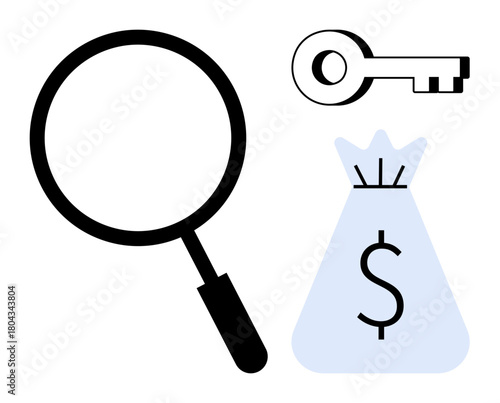 Magnifying glass, old-fashioned key, and money bag with dollar symbol associated with financial security, data analysis, investment decisions, and cybersecurity. Ideal for finance, banking, crime