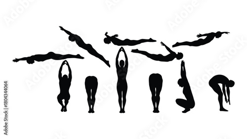 Swimming and exercise poses silhouettes isolated on white background, Vector