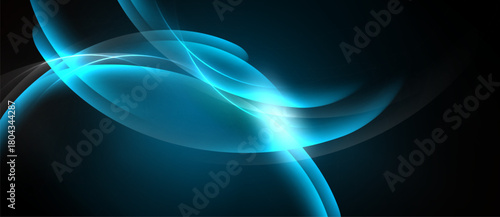 Abstract blue light curves radiate from bright center. Dark background emphasizes flowing shapes, creating dynamic visual effect.