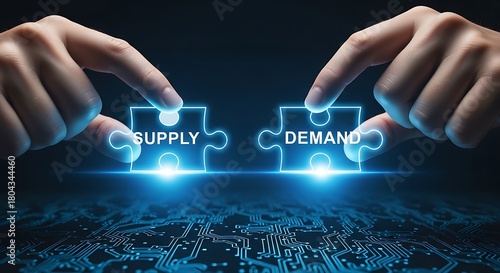 Fingers connecting two glowing puzzle pieces with the words supply and demand on a dark background with circuit board pattern