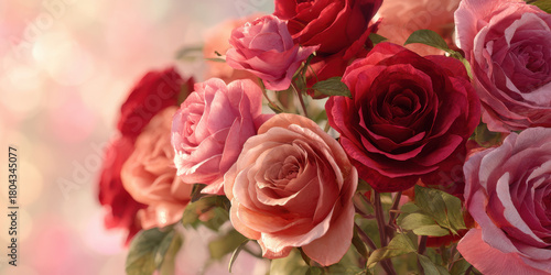 Close up of vibrant bouquet of red and pink rose with soft bokeh background, delicate petals catching warm light and romantic mood