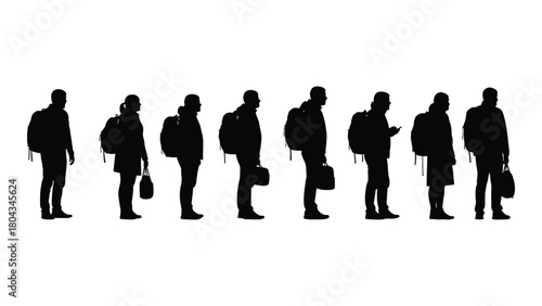 Silhouettes of people with backpacks and bags isolated on white background, Vector