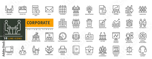 Minimalist Corporate line icons set with editable stroke, featuring meeting,, projector, tak management, email, workforce, partnership. productivity, employee, training, etc. thin linear illustration.