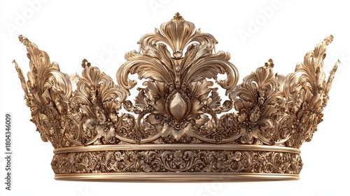 A detailed ornate golden crown featuring intricate scrollwork and a central jewel, isolated on a clean white background.