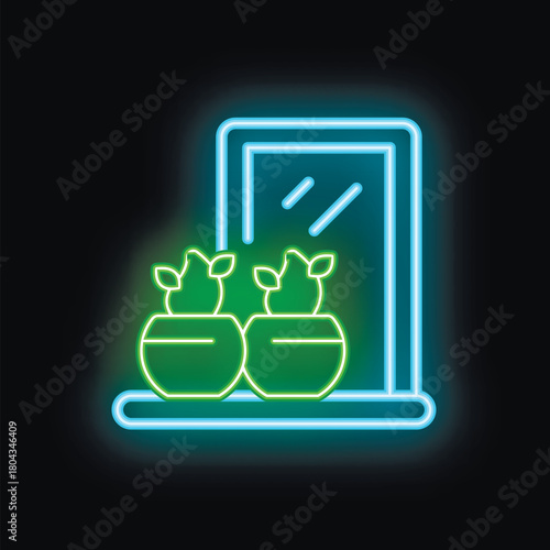 Neon icon of two plants on a window sill with a mirror hanging above them