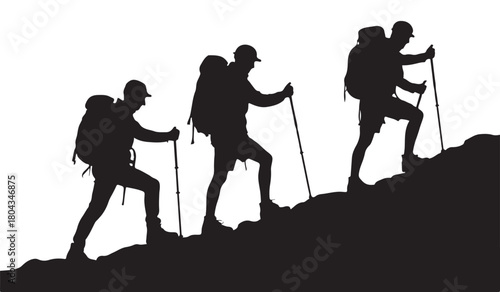  Silhouettes of three hikers with backpacks and trekking poles ascending a steep hill