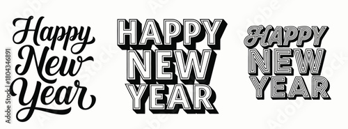 Happy new year typographic designs in black and white