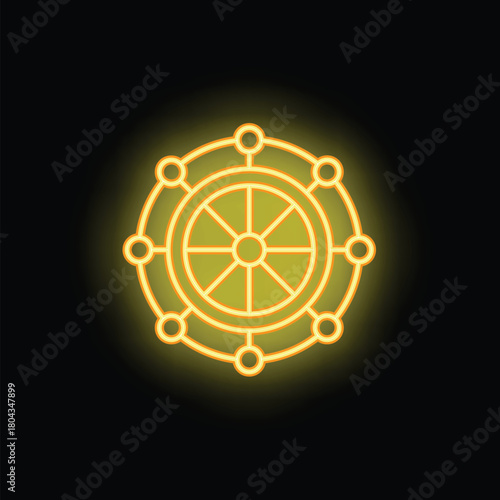 Yellow neon dharma wheel glowing on dark background, representing buddhist teachings and the path to enlightenment