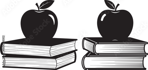 Two apples on stacks of books silhouette