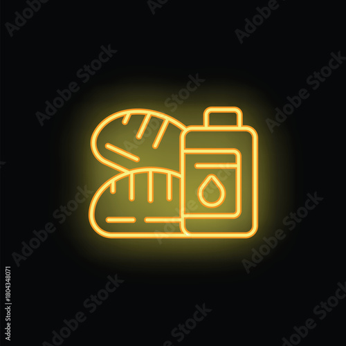 Yellow glowing neon sign representing sunflower oil bottle and bread loaves on a black background