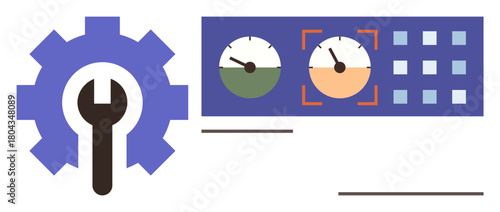 Wrench inside gear alongside control panel with gauges and buttons. Ideal for maintenance, system monitoring, engineering, automation, settings, optimization, technology. Simple flat metaphor
