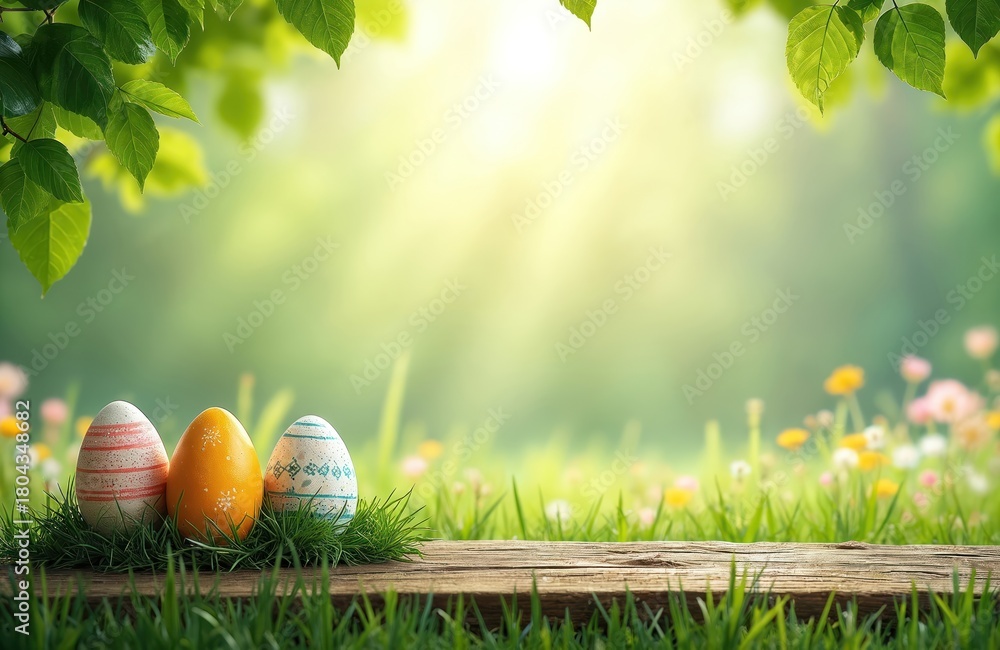 Fototapeta premium Three painted easter eggs rest on green grass near wooden plank. Sunlight shines through fresh green tree leaves, illuminating meadow with small wildflowers, creating beautiful spring atmosphere.