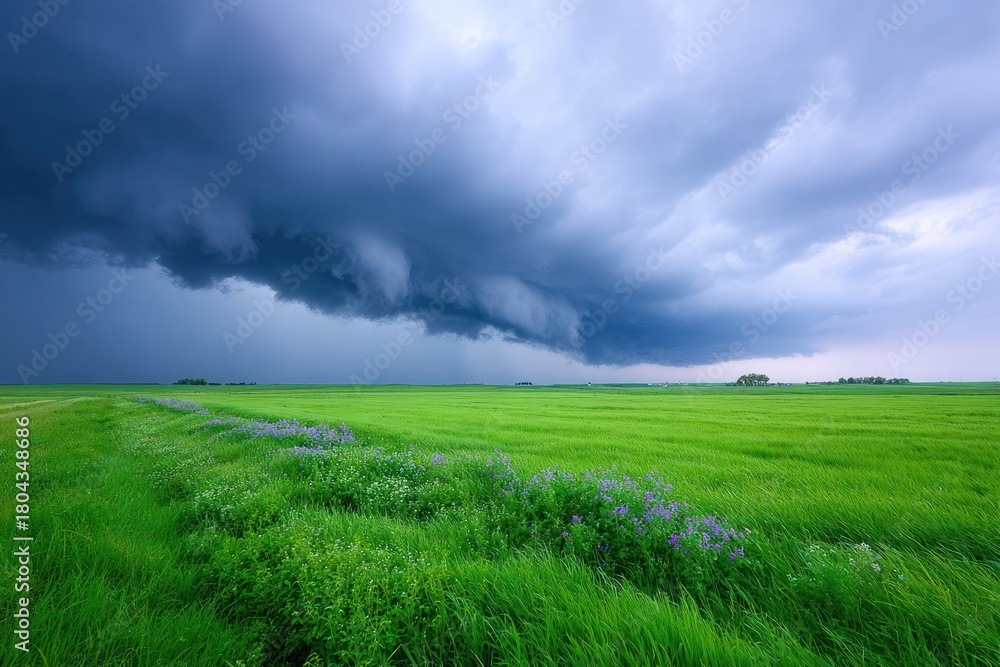 Fototapeta premium Dramatic Cloudscape over Meadow: A breathtaking vista unfolds as dark, ominous storm clouds gather over a vibrant green meadow, creating a striking contrast of nature's beauty and power.