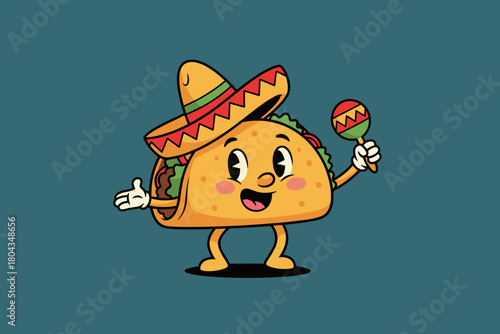 Cartoon Taco Character Wearing Sombrero and Playing Maracas.