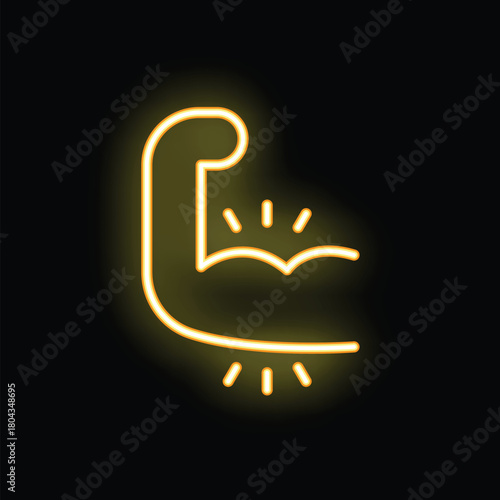 Glowing yellow neon sign of a flexing arm showing biceps muscle on a black background