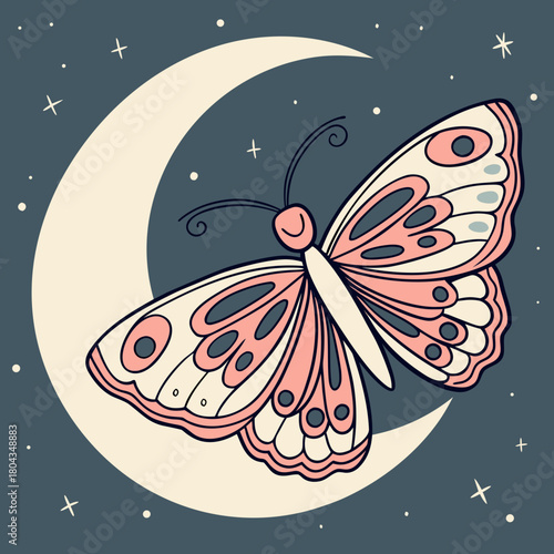 Pink and cream butterfly on a crescent moon with starry background insect moth