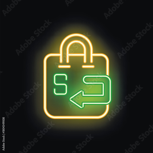 Glowing neon icon of a shopping bag with a return symbol, representing the concept of product returns