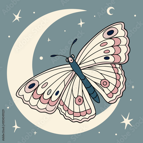 Whimsical butterfly with patterned wings rests on a crescent moon insect moth