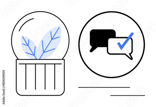 Glass dome encasing leaf beside speech bubbles with check mark. Ideal for sustainability, eco-friendliness, environmental awareness, collaboration, communication, decision-making, educational tools