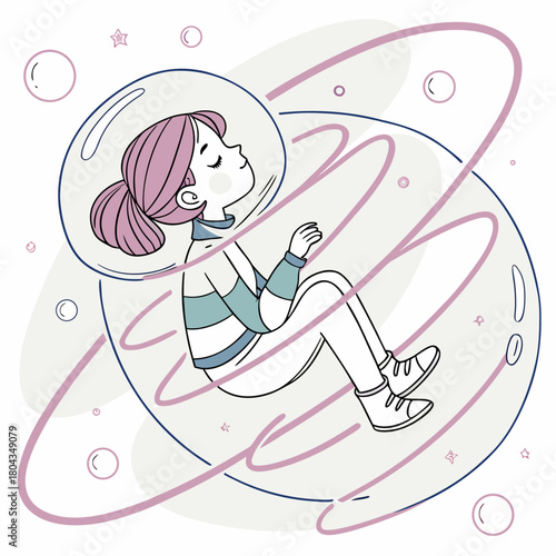 Girl in Astronaut Helmet Floating in Space with Rings zero gravity