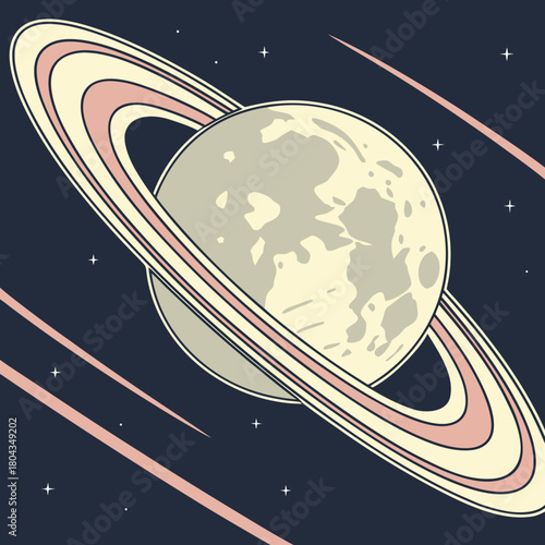 Ringed Planet with Meteor Showers in Dark Space rings Saturn