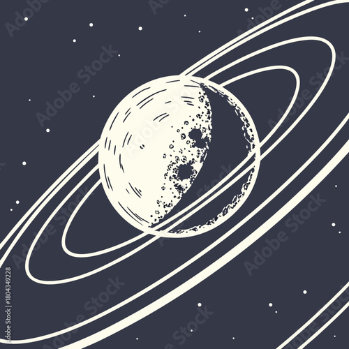 Ringed Planet with Craters in Dark Space rings