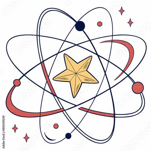 Stylized atom model with a central star and orbiting planets science atomic