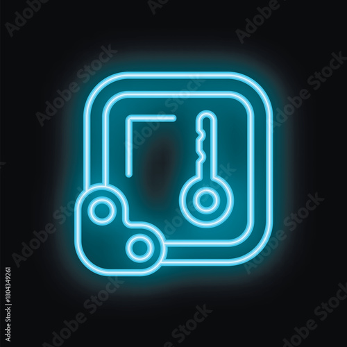 Blue neon icon of a keypad lock glowing on a black background