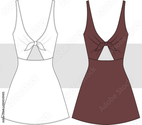 Knotted mini dress fashion flat sketch technical drawing, illustration. Dress vector. CAD, Mockup.