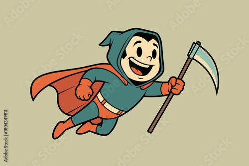 Cartoon Grim Reaper Superhero Flying with Scythe.