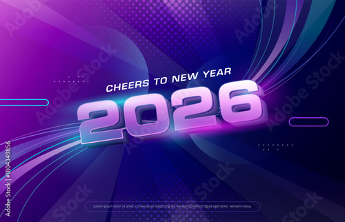 Modern wavy neon coloured new year 2026 background design. Vector holiday template for greeting card, banner, party, web.