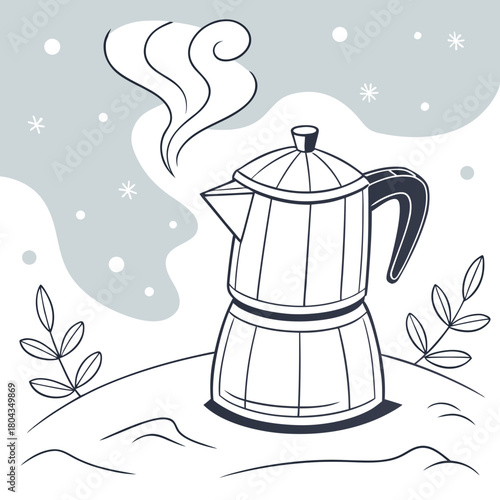 Steaming Moka Pot on Snowy Ground with Winter Foliage coffee maker brewing