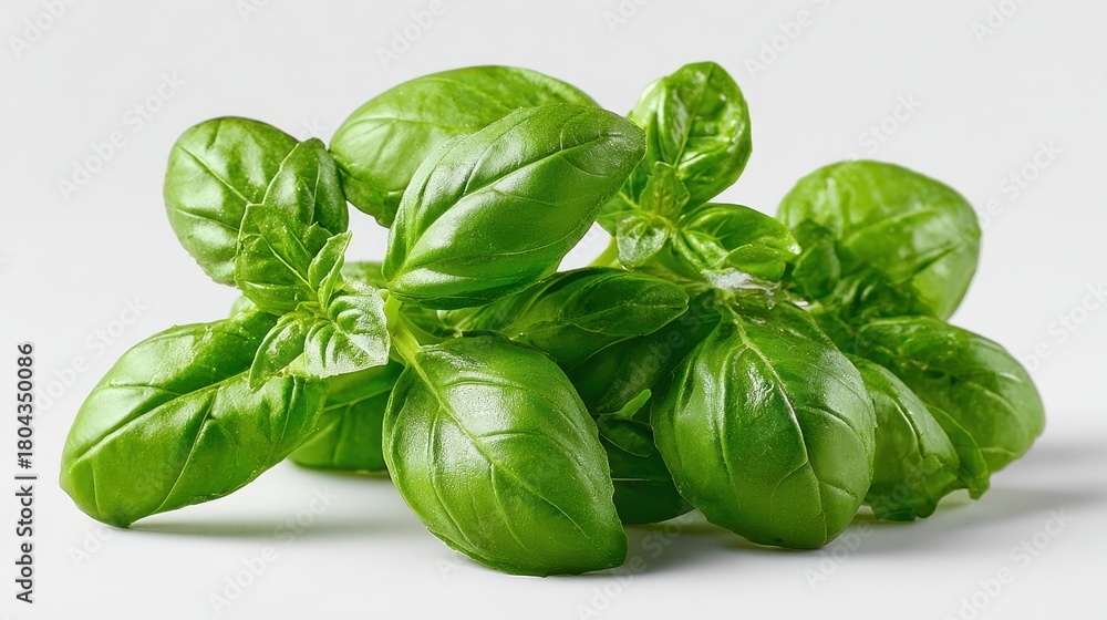 Fototapeta premium Vibrant green basil herb sprigs with a clean bright background.