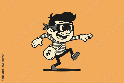 Cartoon thief with money bag running away.