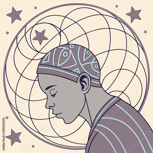 Young person wearing patterned cap looking down with celestial background vector