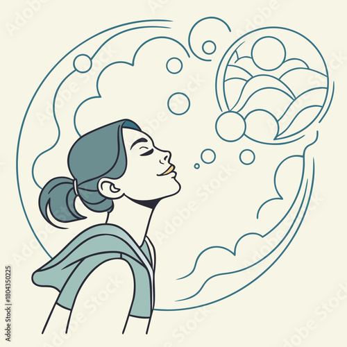 Woman Dreaming of Waves and Bubbles in a Thought Bubble thinking imagination