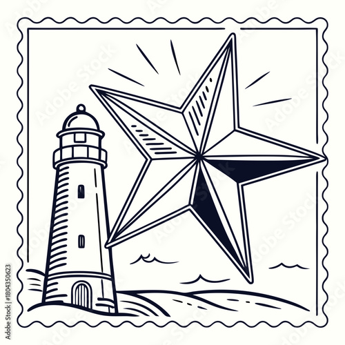 Nautical Stamp with Lighthouse and Compass Star vector classic