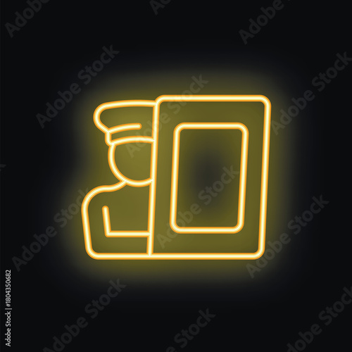 Yellow glowing neon icon of a security guard standing near a metal detector gate