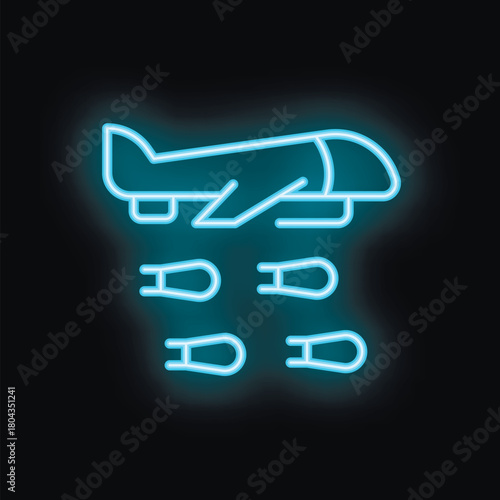 Blue neon glowing symbol of military aircraft dropping humanitarian aid from sky