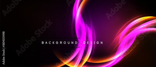 Abstract vibrant lines flow across dark background. Bright pink, orange hues create dynamic visual effect. Modern design element.