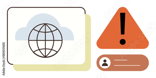 Globe illustrating global network in cloud, orange alert sign with exclamation mark, user profile tag. Ideal for cybersecurity, connectivity, data privacy, internet, technology issues, caution