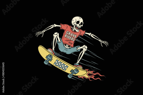 Skeleton Skateboarder Performing Extreme Trick on Fiery Skateboa