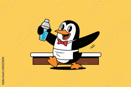 Cute cartoon penguin bartender serving a drink.