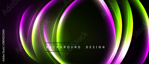 Abstract neon circles overlap dark background. Vibrant green, purple hues create dynamic visual effect. Modern design element.