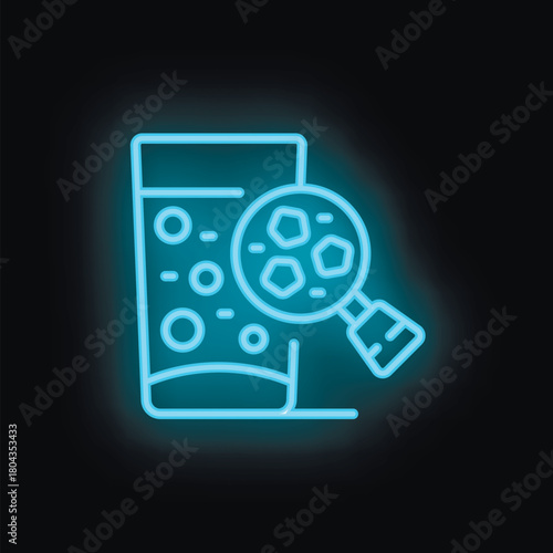 Blue neon icon of a magnifying glass examining a glass of water with molecules, representing water purity analysis