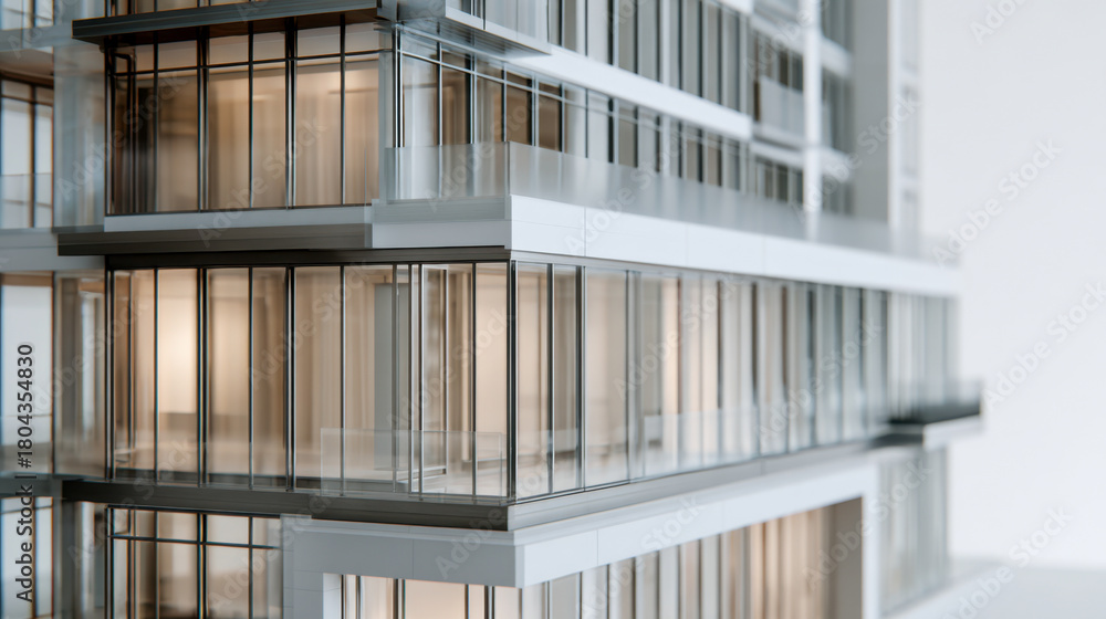 Fototapeta premium Detailed architectural model of a modern multi-story building featuring extensive glass facades and sleek metal framing showcasing contemporary urban design concepts